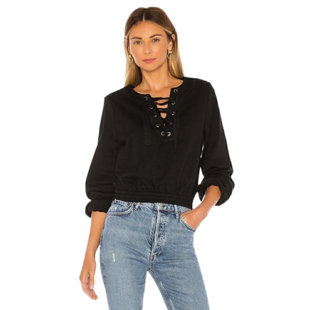 Tularose Black Balloon Sleeve Lace Up V-Neck Cotton Blend Faye Sweatshirt Sz S